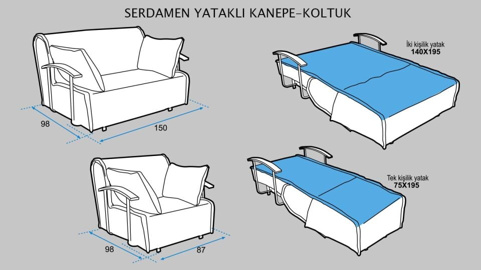 Serdamen Yataklı Yıkanabilir Koltuk Takımı 2+1+1