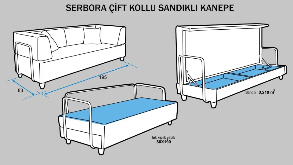 Serbora 3'lü Kılıflı Çift Kollu Sandıklı