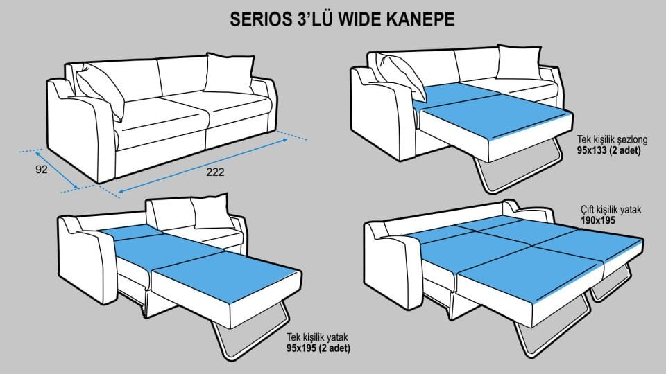 Serios 3'lü Wide Yataklı Kanepe