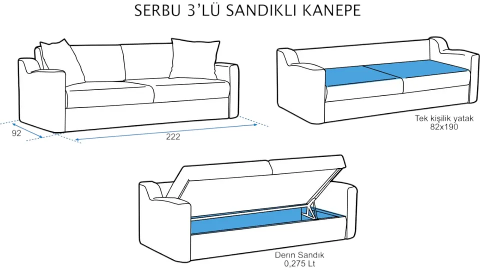 Serbu 3'lü Sandıklı Kanepe